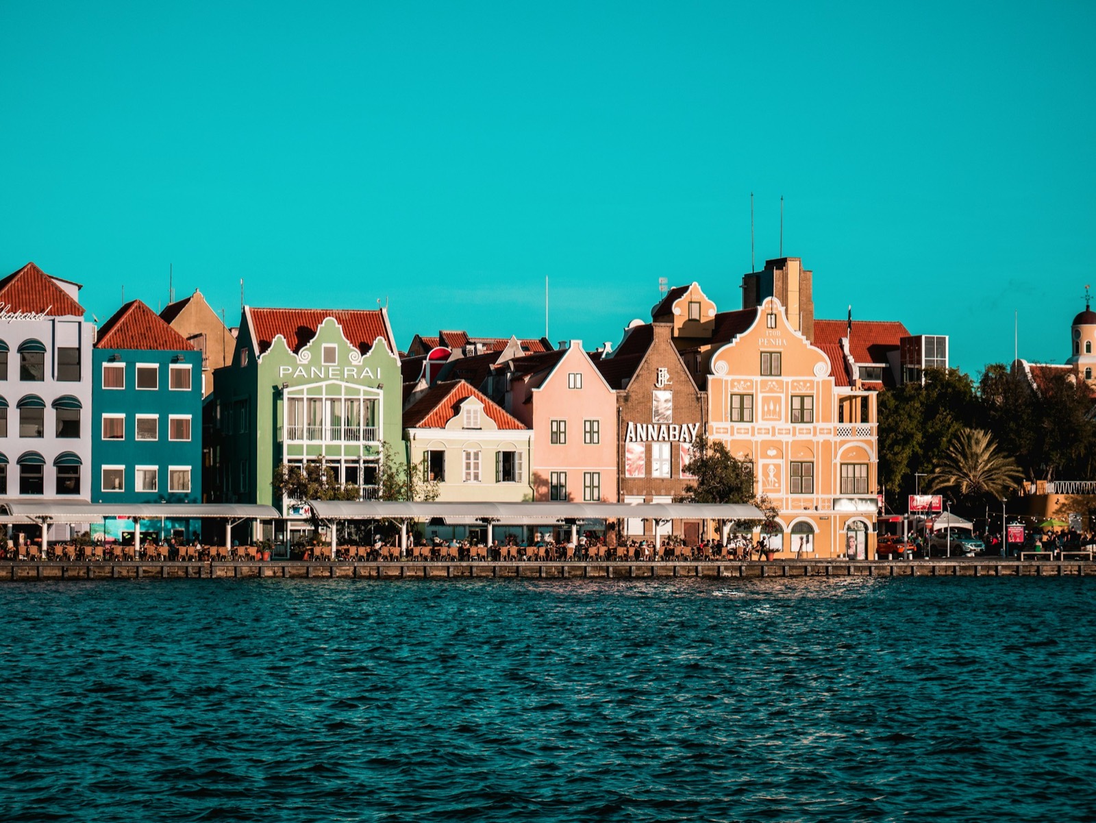 The colourful Dutch colonial facades of Handelskade along the Willemstad waterfront