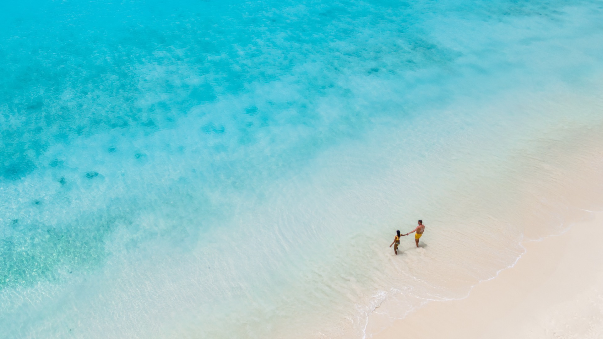 A couple walking into the shallow turquoise sea on a Curaçao beach